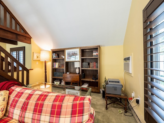 carpeted living room featuring lofted ceiling and an AC wall unit