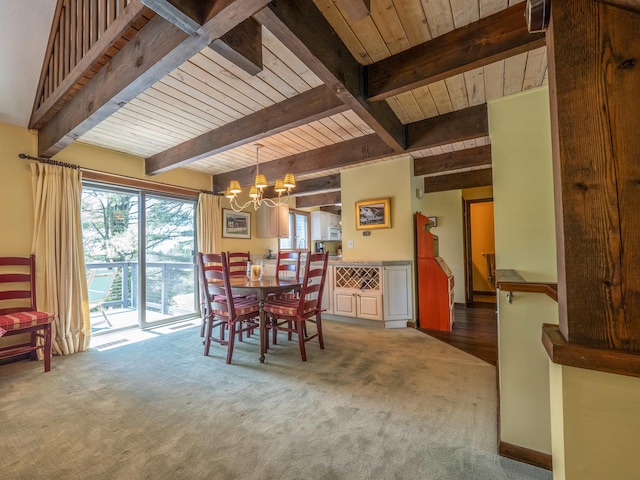 dining room featuring beam ceiling, carpet, wood ceiling, and an inviting chandelier