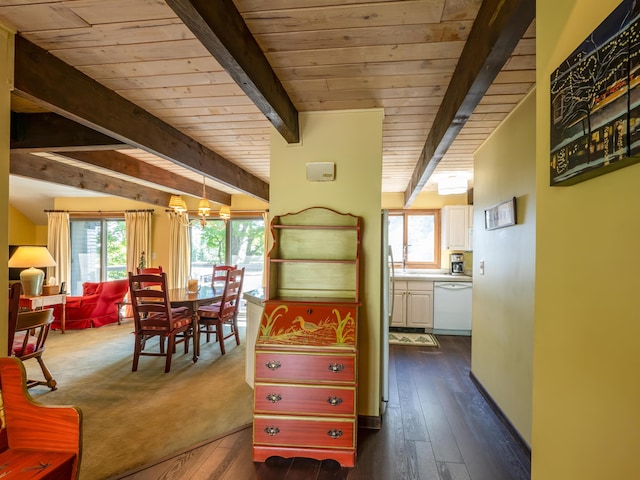 corridor featuring beam ceiling, dark hardwood / wood-style flooring, a wealth of natural light, and wood ceiling