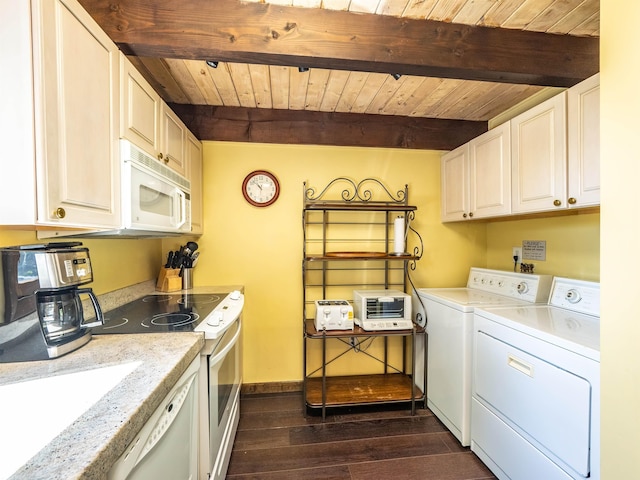 washroom with independent washer and dryer, dark hardwood / wood-style flooring, and wood ceiling