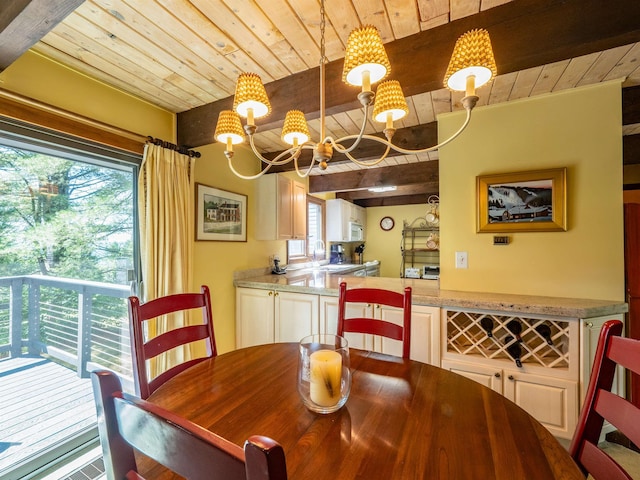 dining area featuring beamed ceiling, a healthy amount of sunlight, and wooden ceiling