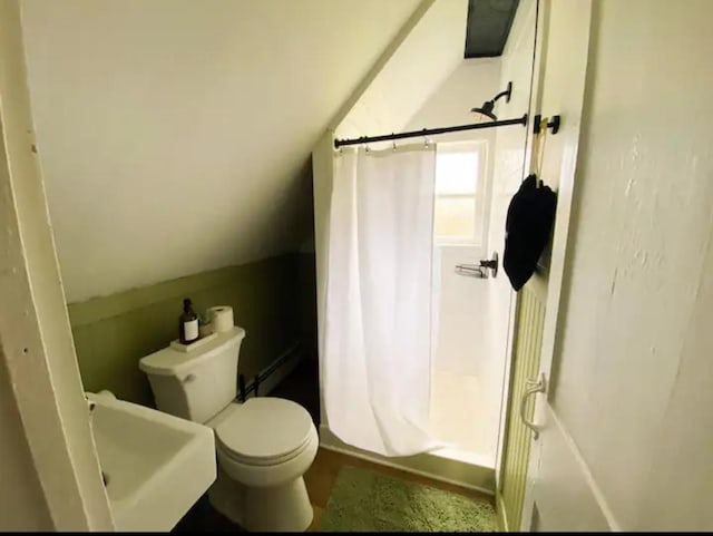 bathroom with lofted ceiling and toilet