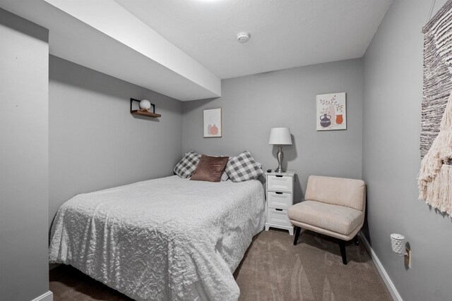 bedroom featuring dark colored carpet