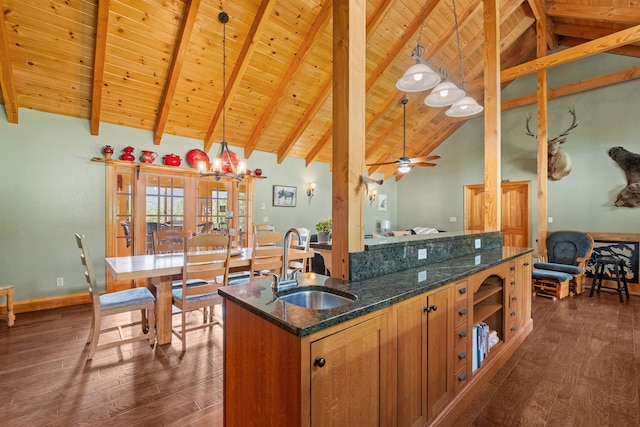 kitchen with sink, dark hardwood / wood-style floors, decorative light fixtures, wooden ceiling, and beamed ceiling