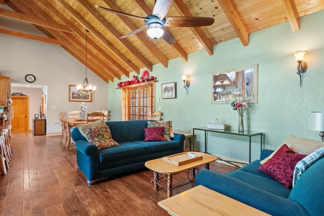 living room featuring ceiling fan with notable chandelier, high vaulted ceiling, beamed ceiling, dark hardwood / wood-style flooring, and wood ceiling