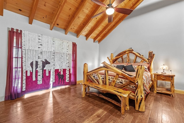 bedroom with lofted ceiling with beams, hardwood / wood-style floors, and wooden ceiling