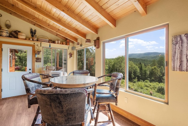 sunroom / solarium featuring lofted ceiling with beams, plenty of natural light, and wooden ceiling