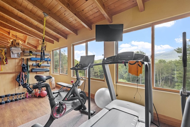 exercise area with vaulted ceiling, hardwood / wood-style floors, and wood ceiling