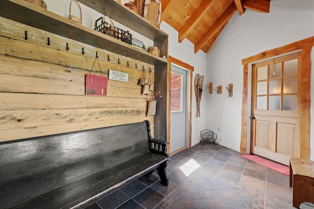 mudroom featuring beamed ceiling, wooden ceiling, and high vaulted ceiling