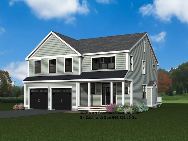 view of front of home with a garage, a front lawn, and a porch