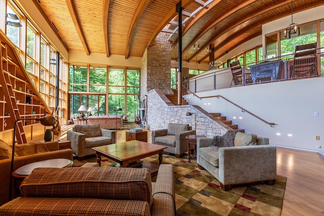 living room with high vaulted ceiling, wood-type flooring, beamed ceiling, and wooden ceiling