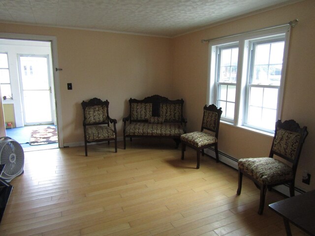 sitting room with light hardwood / wood-style flooring and baseboard heating