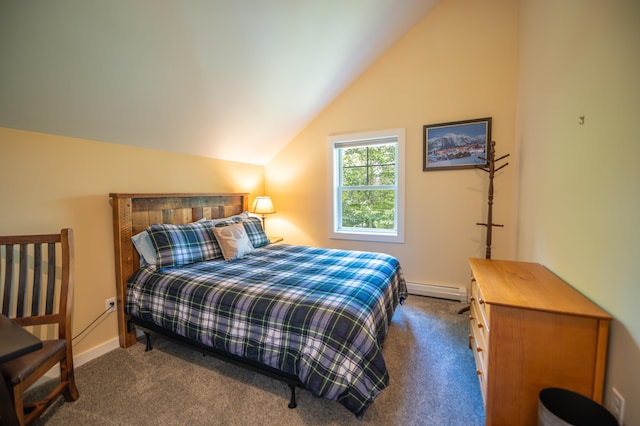 bedroom with dark colored carpet, vaulted ceiling, and a baseboard heating unit