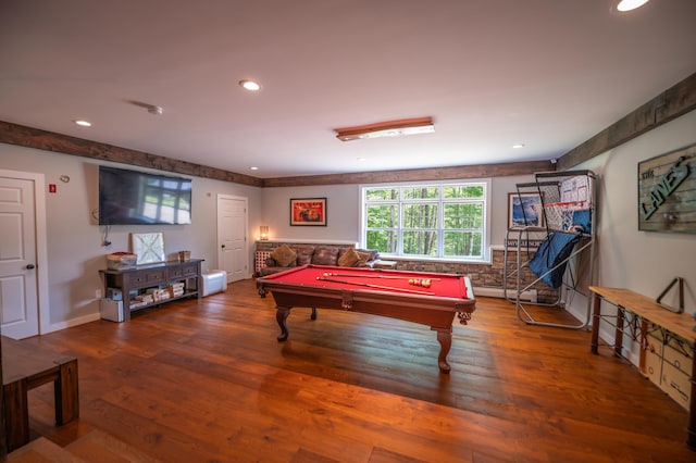 playroom with hardwood / wood-style floors, a baseboard radiator, and billiards