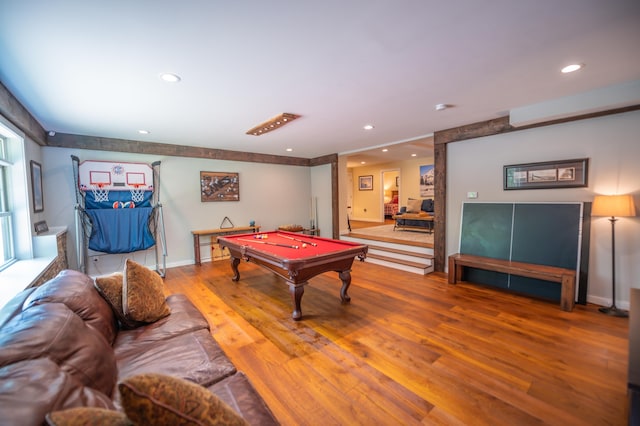 playroom with hardwood / wood-style floors and pool table