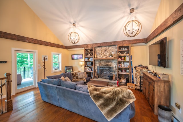 living room featuring baseboard heating, high vaulted ceiling, a fireplace, dark hardwood / wood-style flooring, and a chandelier