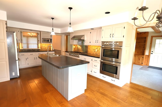 kitchen with light hardwood / wood-style floors, sink, appliances with stainless steel finishes, and a kitchen island with sink