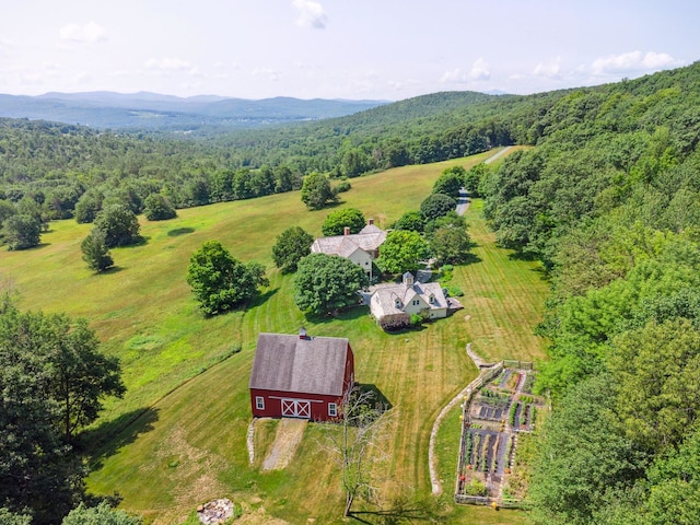 bird's eye view with a rural view, a mountain view, and a forest view