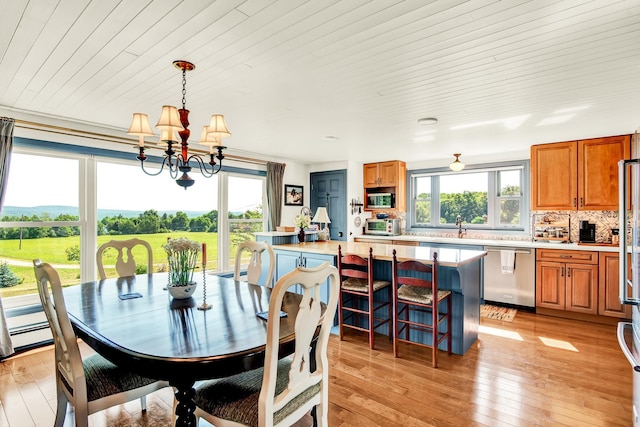 dining area featuring sink, a chandelier, baseboard heating, wooden ceiling, and light wood-type flooring