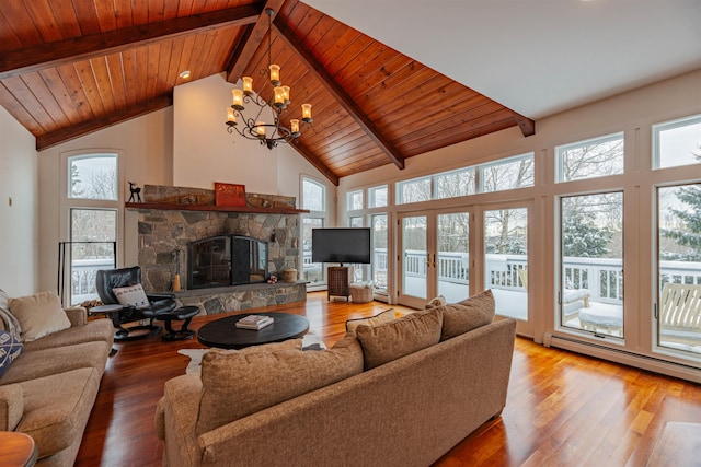 living area featuring a wealth of natural light, beam ceiling, a notable chandelier, and wood finished floors