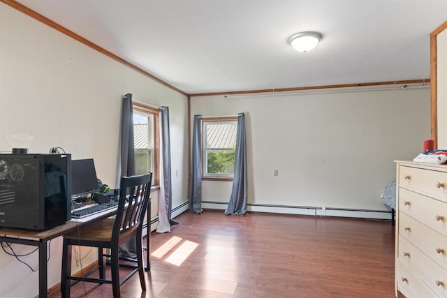 home office featuring dark hardwood / wood-style flooring, crown molding, and baseboard heating