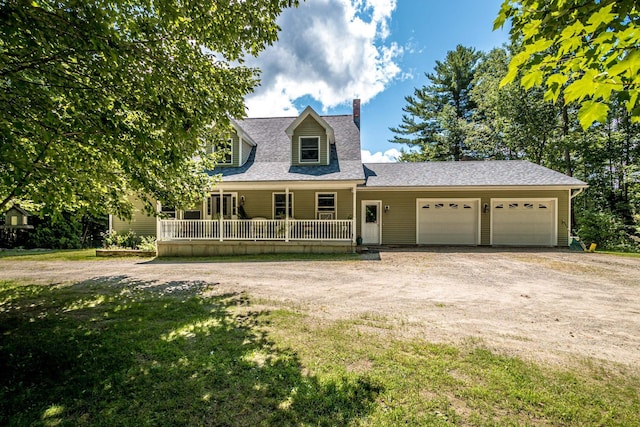 cape cod house with a garage, a front yard, and a porch