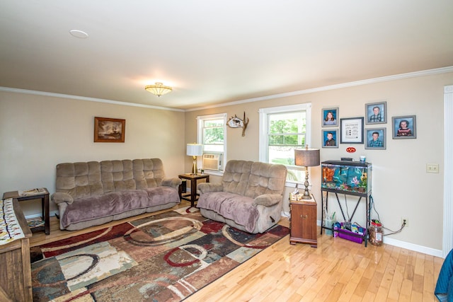 living room featuring ornamental molding and light hardwood / wood-style floors