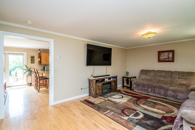 living room with crown molding and light hardwood / wood-style flooring