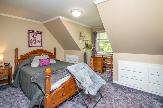 carpeted bedroom with crown molding and vaulted ceiling