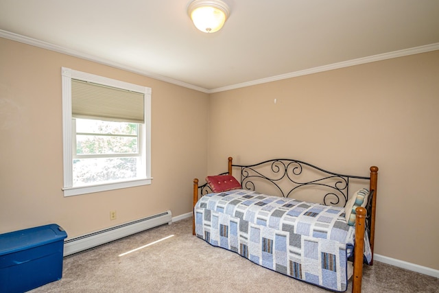 carpeted bedroom featuring ornamental molding and baseboard heating