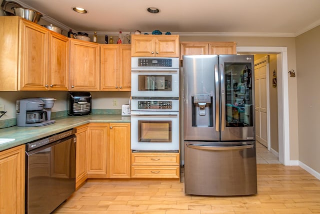 kitchen with light hardwood / wood-style flooring, ornamental molding, white double oven, stainless steel fridge, and black dishwasher