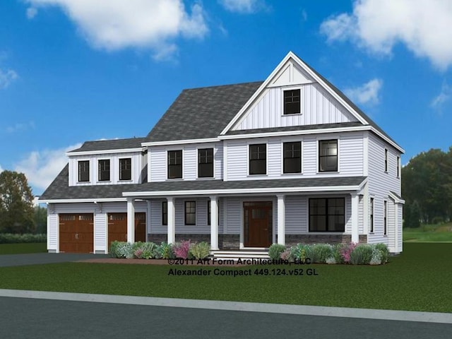 modern farmhouse style home with a garage, a front lawn, and a porch