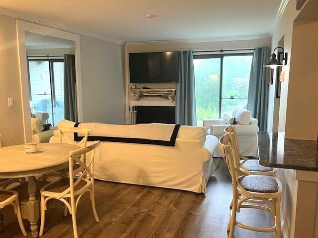 bedroom with crown molding and dark wood-type flooring