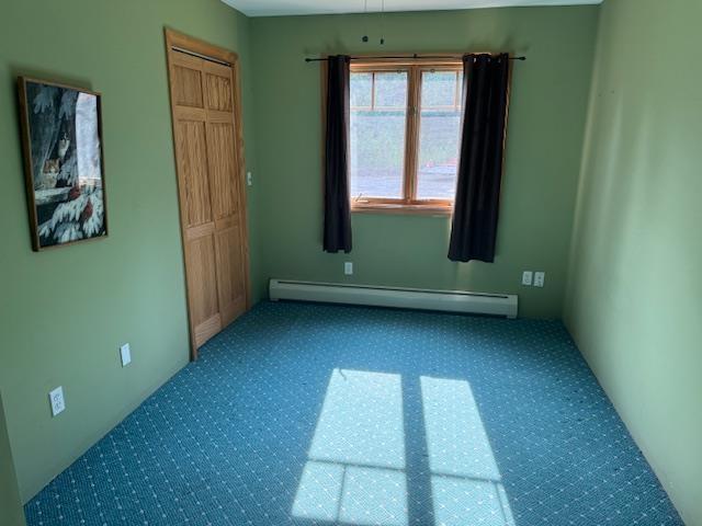 empty room with baseboard heating and carpet flooring