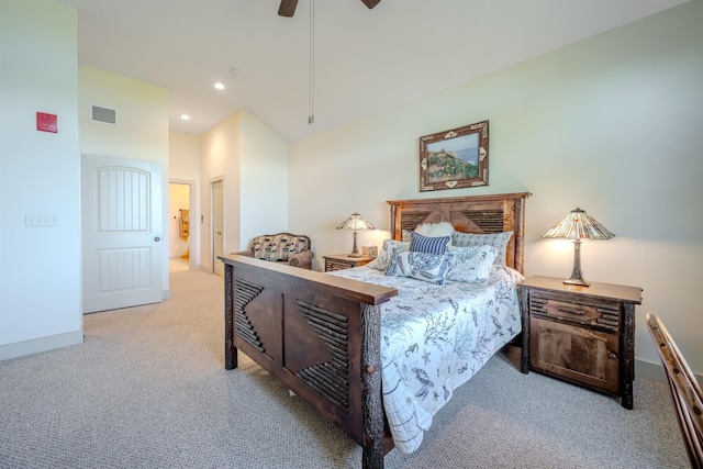 bedroom with carpet, recessed lighting, visible vents, a ceiling fan, and baseboards