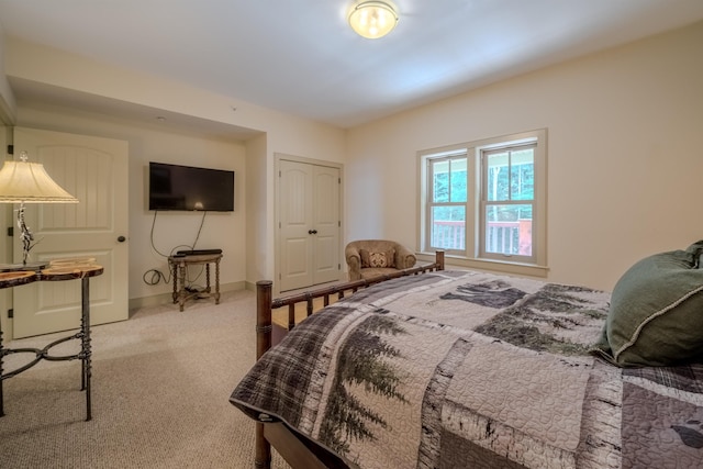 bedroom with carpet floors, baseboards, and a closet