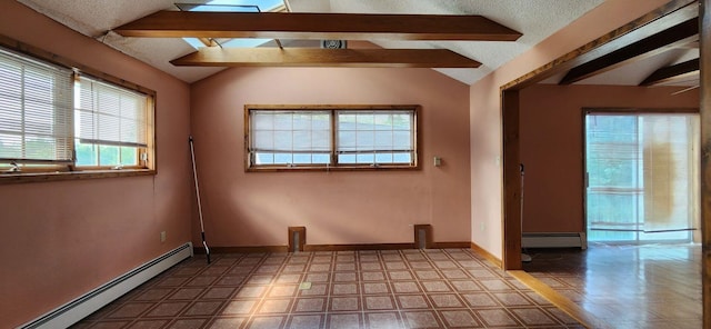 spare room with vaulted ceiling with beams, a baseboard heating unit, and a textured ceiling