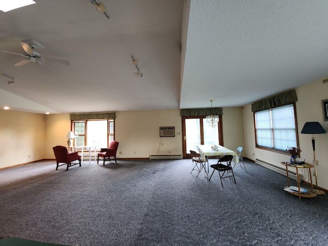 sitting room with track lighting, carpet floors, a textured ceiling, and a baseboard heating unit