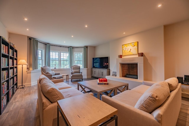 living room featuring baseboards, a fireplace with raised hearth, wood finished floors, and recessed lighting