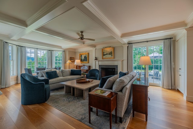 living area featuring coffered ceiling, light wood-style flooring, and ceiling fan