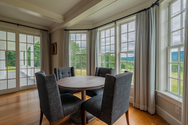 dining room with baseboards, light wood-type flooring, crown molding, and a healthy amount of sunlight