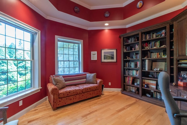 office space featuring a raised ceiling, crown molding, and light hardwood / wood-style flooring