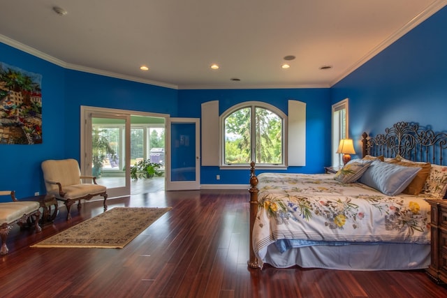 bedroom with ornamental molding and dark hardwood / wood-style floors