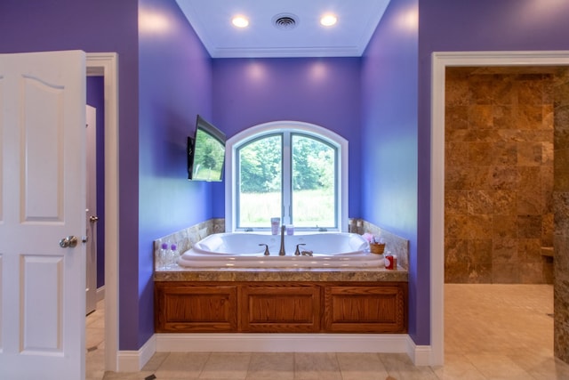 bathroom with ornamental molding, separate shower and tub, and tile patterned flooring