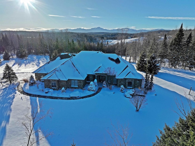 snowy aerial view with a mountain view