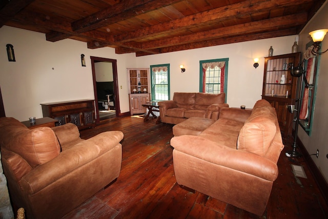 living room with wooden ceiling, hardwood / wood-style flooring, and beam ceiling