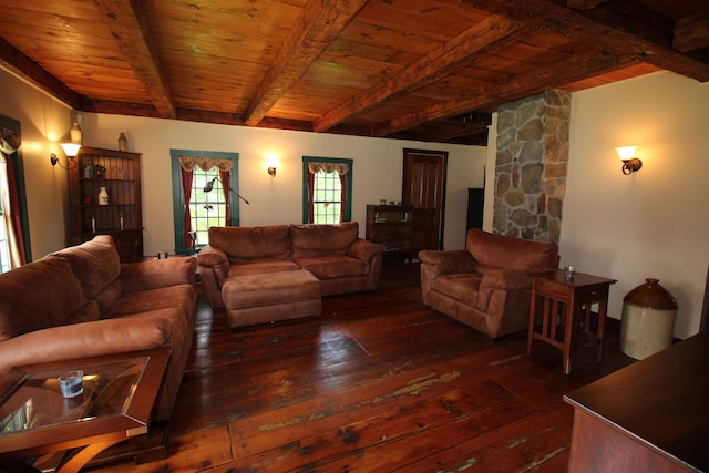 living area with dark wood-style flooring, beamed ceiling, and wood ceiling