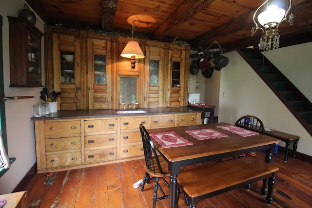dining room featuring wood ceiling, stairs, beam ceiling, and hardwood / wood-style flooring