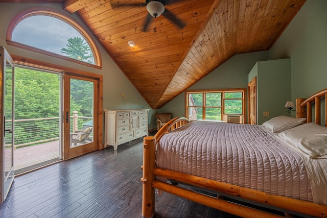 bedroom featuring multiple windows, access to outside, dark wood-style flooring, and vaulted ceiling