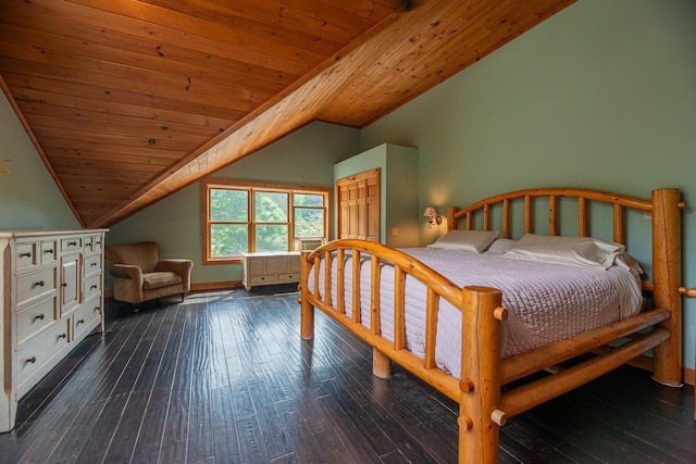 bedroom featuring wooden ceiling, baseboards, vaulted ceiling, and dark wood-style flooring